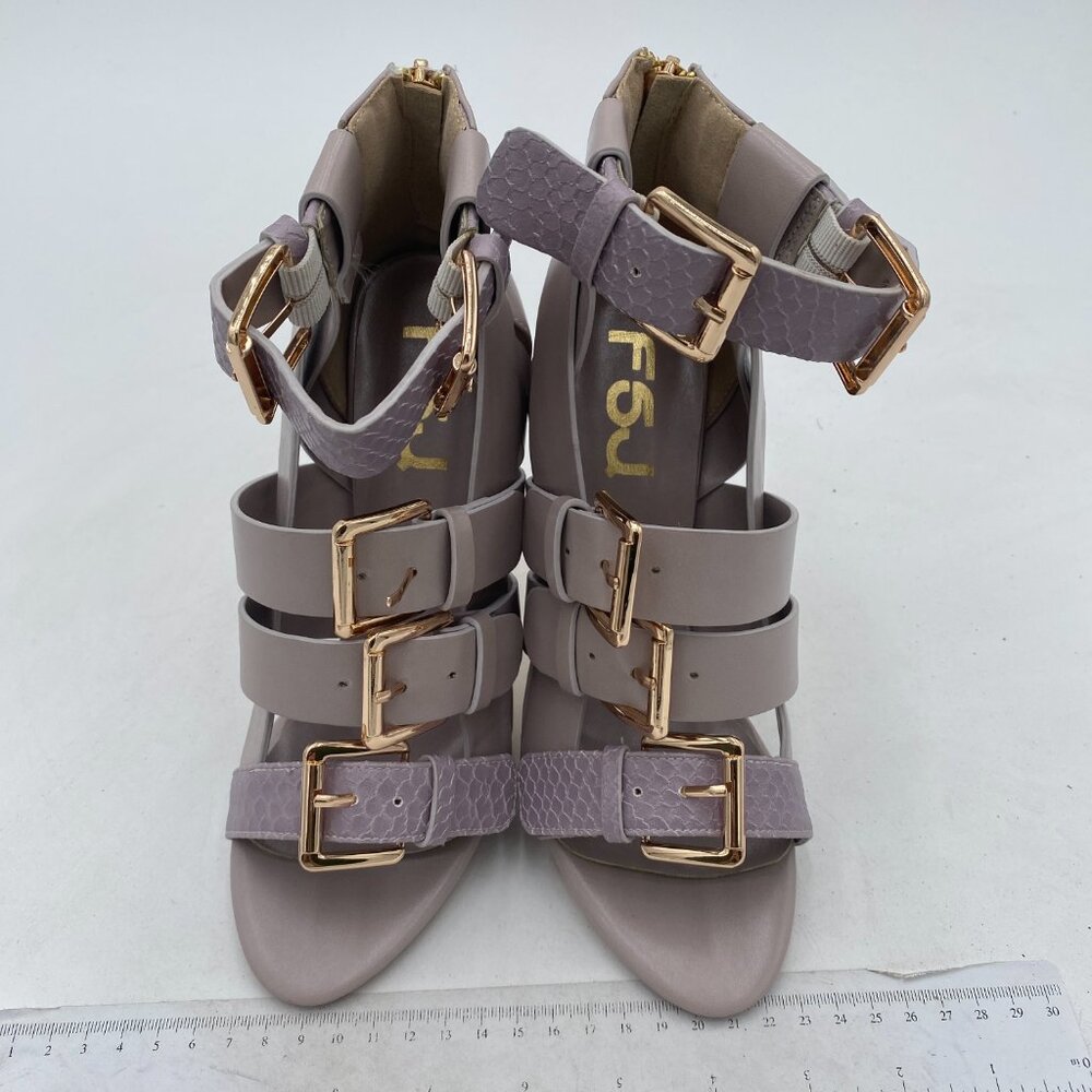 FSJ Gray Strappy Heels with Gold Buckles